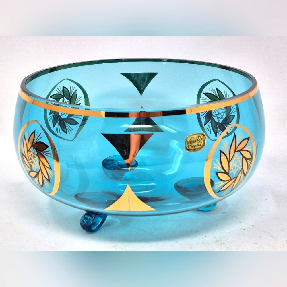 Vintat Bohemia Crystal Blue Three Footed Dish Gold Pinwheel And Star Pattern
